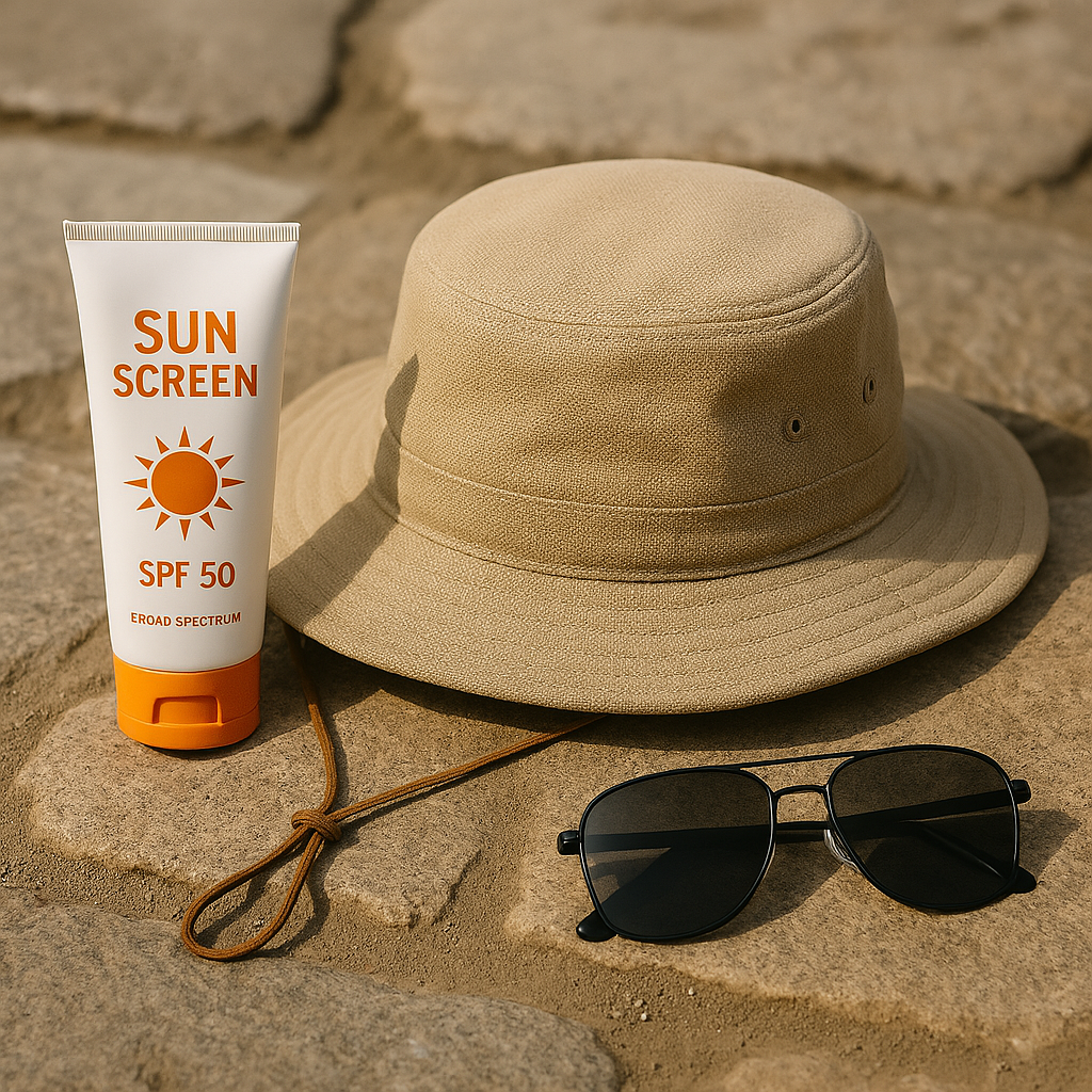 Essential sun protection gear for trekking in Peru: hat, sunglasses, and sunscreen.